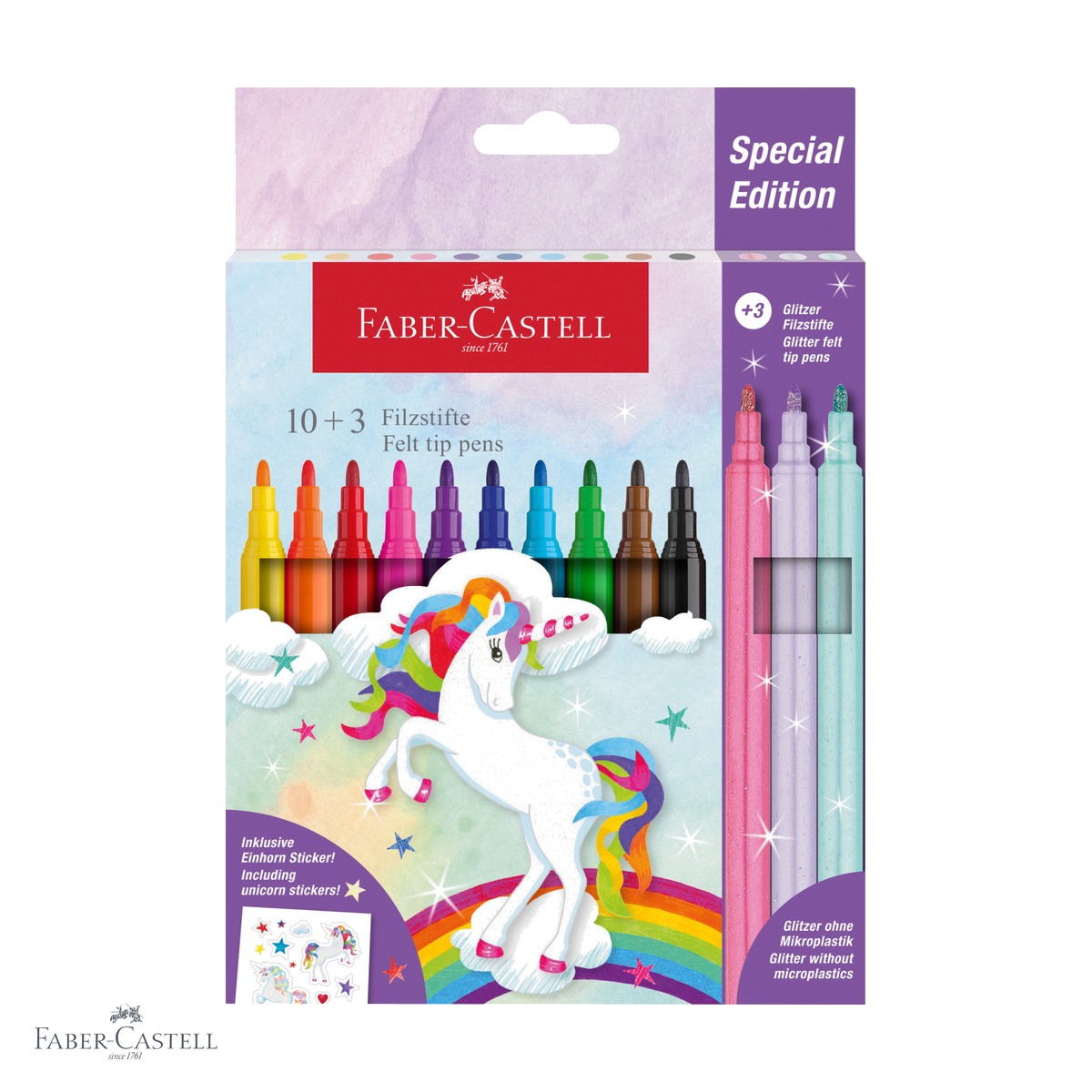 Carioci - Set 13 carioci Faber-Castell editie unicorni, 10 culori standard si 3 culori pastel, pentru desen si colorare