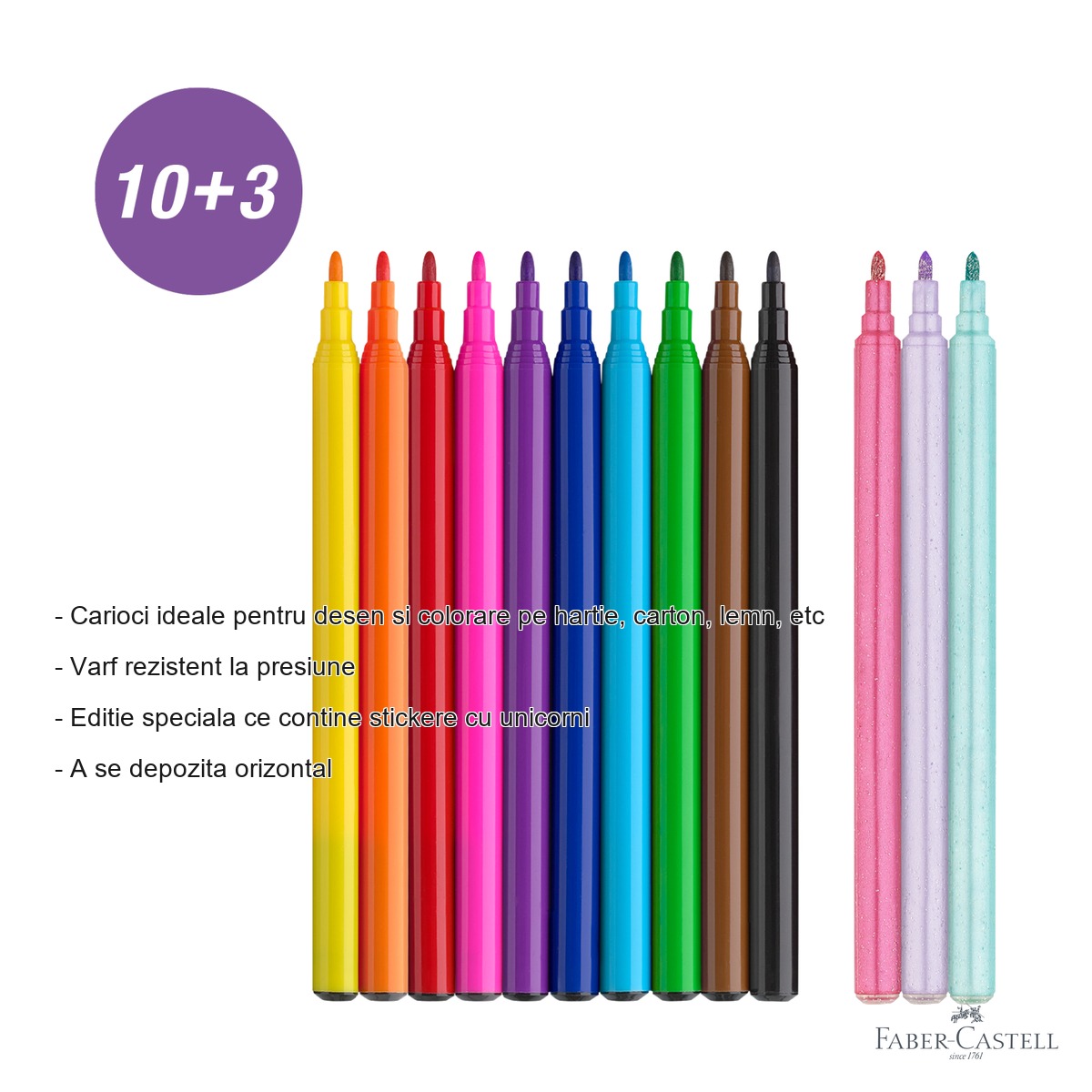Set 13 carioci Faber-Castell editie unicorni, 10 culori standard si 3 culori pastel, pentru desen si colorare [1]