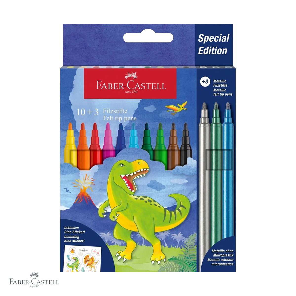 Carioci - Set 13 carioci Faber-Castell editie dinozauri, 10 culori clasice si 3 metalizate, pentru copii