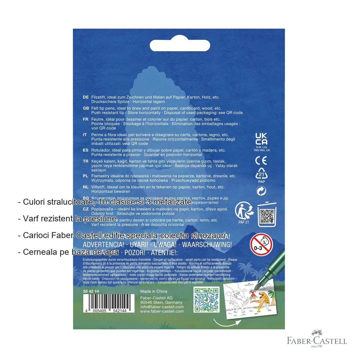 Set 13 carioci Faber-Castell editie dinozauri, 10 culori clasice si 3 metalizate, pentru copii [1]