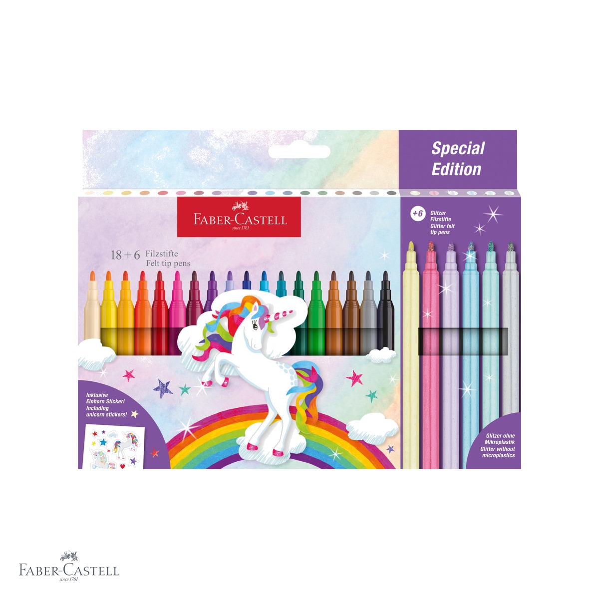 Carioci - Set carioci Faber-Castell tema unicorni, 18 culori standard + 6 pastel cu sclipici, pentru desen si pictura