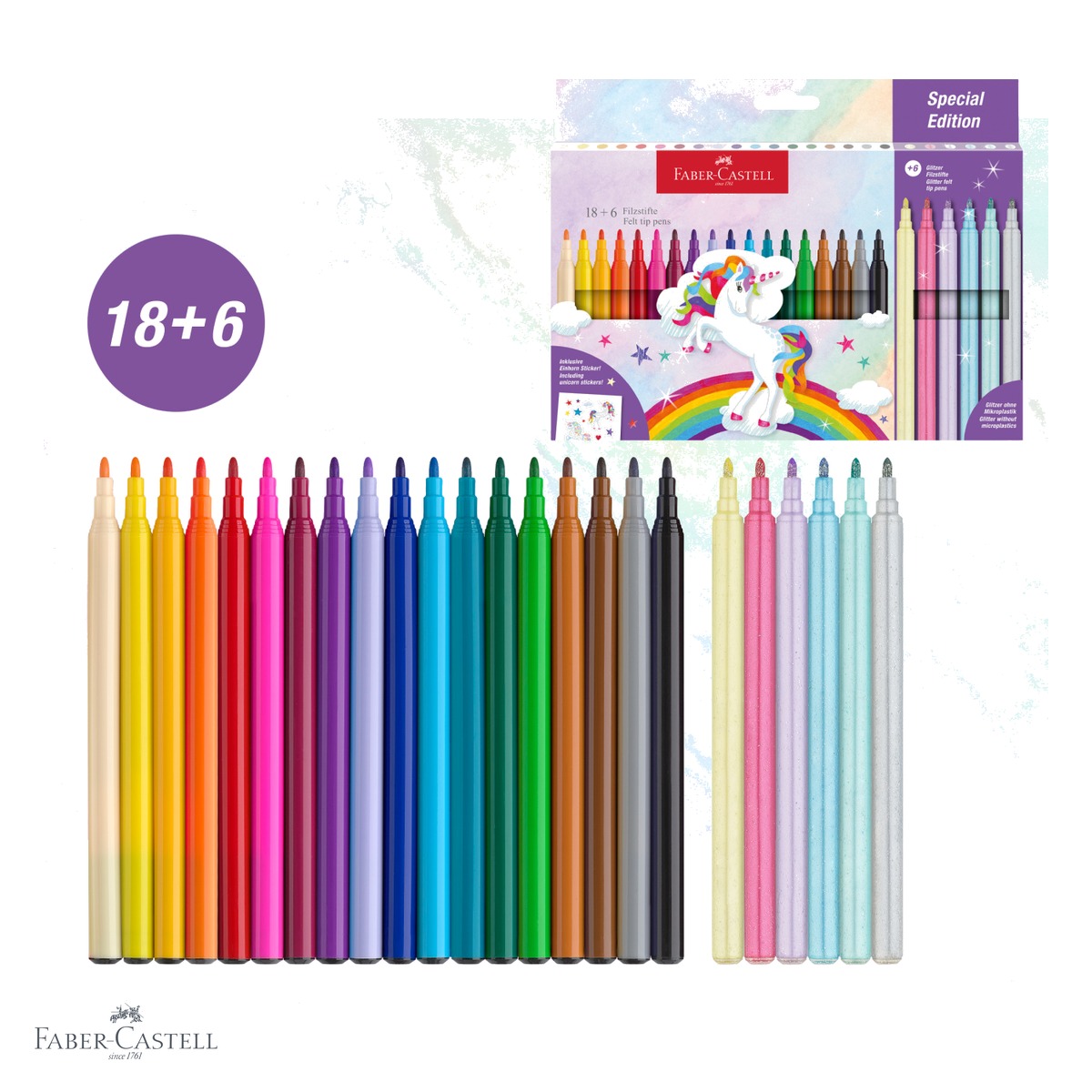 Set carioci Faber-Castell tema unicorni, 18 culori standard + 6 pastel cu sclipici, pentru desen si pictura [3]