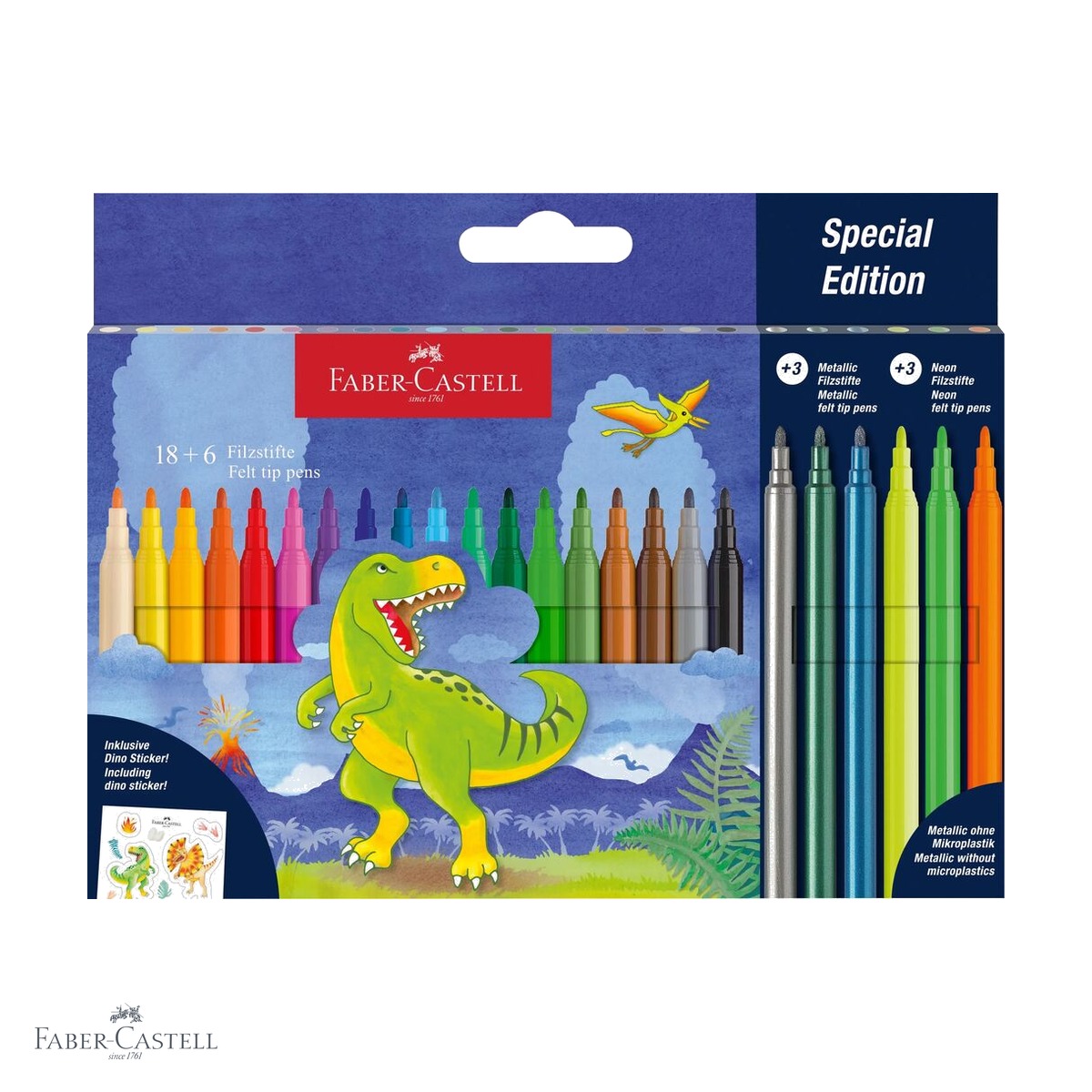 Carioci - Set 24 carioci Faber-Castell colectia Dinozauri, 18 clasice + 3 metalizate + 3 neon, cu stickere, pentru copii