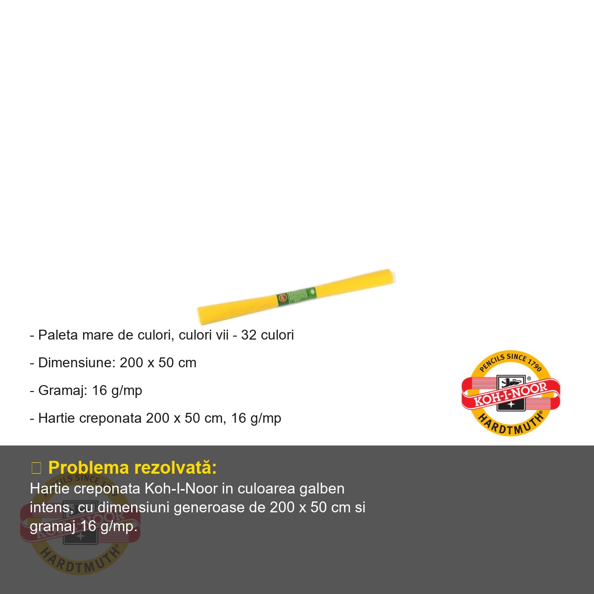 Hartie creponata Koh-I-Noor, galben intens, 200 x 50 cm, pentru decoratiuni si activitati craft [1]